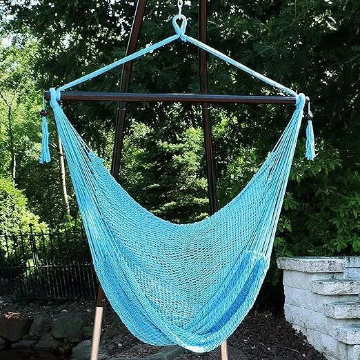 Sunnydaze Outdoor Caribbean XL Hanging Hammock Chair Swing - Soft-Spun Polyester Rope - 300-Pound Capacity - Sky Blue