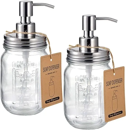 Amolliar Mason Jar Liquid Soap Dispenser, Rustproof Stainless Steel Pump Lid, Refillable Hand Soap for Bathroom, Dish Soap Dispenser for Kitchen, Bath, Waterproof Stickers,16Oz Brushed Nickel(2 Pack)