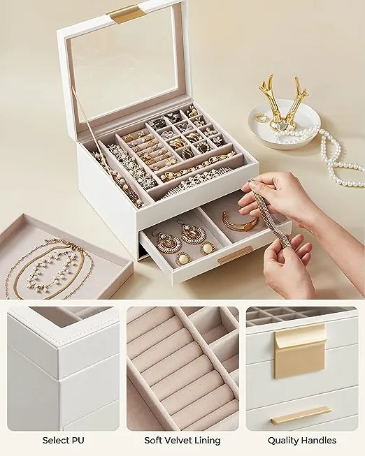 SONGMICS Jewelry Box with Glass Lid, 3-Layer Jewelry Organizer, 2 Drawers, for Big and Small Jewelry, Jewelry Storage, Christmas Gift, 8 x 9.1 x 5.3 Inches, Cloud White and Gold Color UJBC239WT