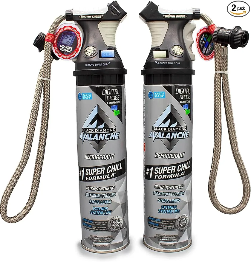 Black Diamond AC Recharge Kit Avalanche Refrigerant Freon Self Sealing Can R-134a for MVAC Super Chill Formula 18oz with Digital Guage and Smart Clips (2 Pack)