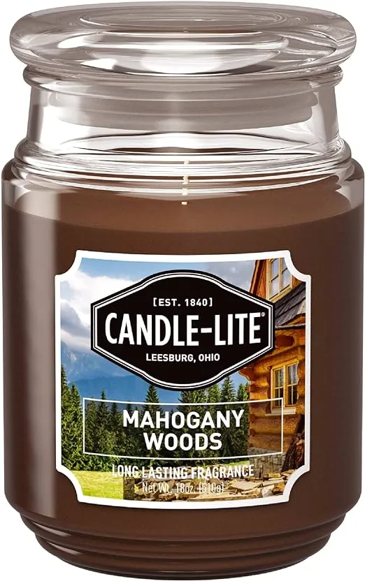 Candle-lite Scented Candles, Mahogany Woods Fragrance, One 18 oz. Single-Wick Aromatherapy Candle with 110 Hours of Burn Time, Brown Color