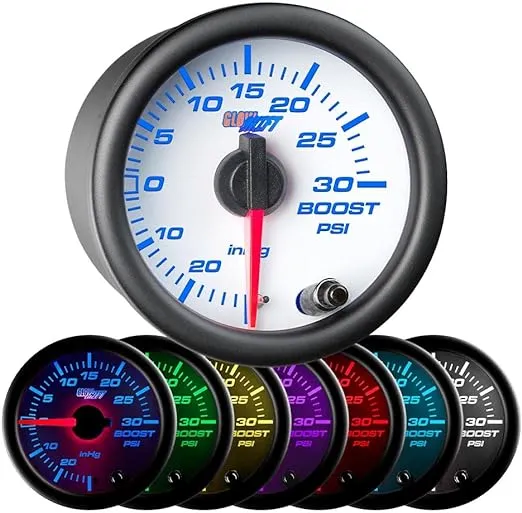 GlowShift White 7 Color 30 PSI Turbo Boost/Vacuum Gauge Kit - Includes Mechanical Hose & T-Fitting - White Dial - Clear Lens - for Car & Truck - 2-1/16" 52mm