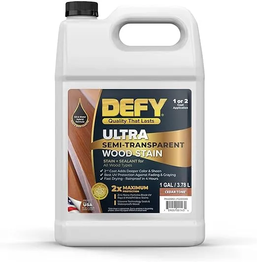 DEFY Ultra Semi-Transparent Outdoor Wood Stain and Sealer in One – Cedar Tone, 1 Gallon, Deck Stain and Sealer | Rich Color and Satin Sheen for All Wood Types