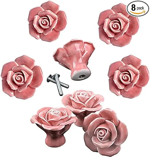 DLD Knobs, 8Pcs Elegant Pink Rose Pulls Flower Ceramic Cabinet Knobs Cupboard Drawer Pull Handles + Scre.