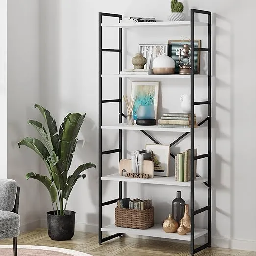 Shintenchi 5 Tiers Bookshelf, Classically Tall Bookcase Shelf,Industrial Book Rack,Modern Book Holder in Bedroom/Living Room/Office, Storage Rack Shelves for Books/Movies,11.8" Dx23.6 Wx62.2 H,White
