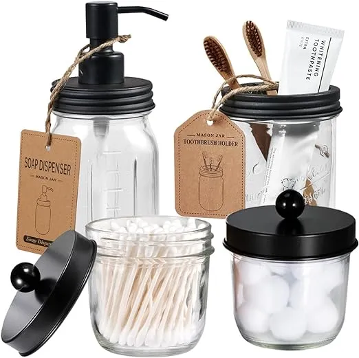 Amolliar Mason Jar Bathroom Accessories Set(4 Pcs) -Lotion Soap Dispenser &Cotton Swab Holder &Toothbrush Holder-Rustic Farmhouse Decor Apothecary Jars Vanity Organizer-Rustic Farmhouse Decor (Black)