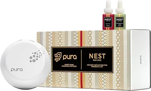 NEST New York x Pura Smart Home Fragrance Diffuser Set, Includes Diffuser and Two Scents, Holiday & Birchwood Pine