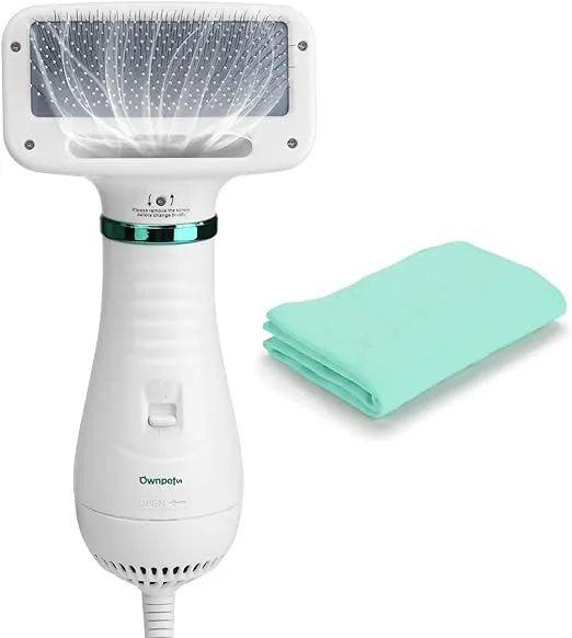 Ownpets Pet Hair Dryer, 2 in 1 Quiet Portable Pet Grooming Blower with Slicker Brush, Adjustable Temperature & Fast-Drying Towel, Home Pet Care for Dogs, Cats & Other Coated Breed