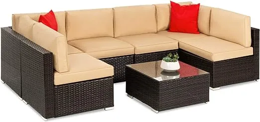 Best Choice Products 7-Piece Modular Outdoor Sectional Wicker Patio Conversation Set w/ 2 Pillows, Coffee Table, Cover Included - Brown/Tan