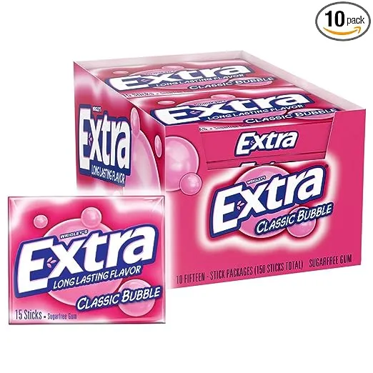 EXTRA Classic Bubble Sugar Free Chewing Gum, 15 Count (Pack of 10)
