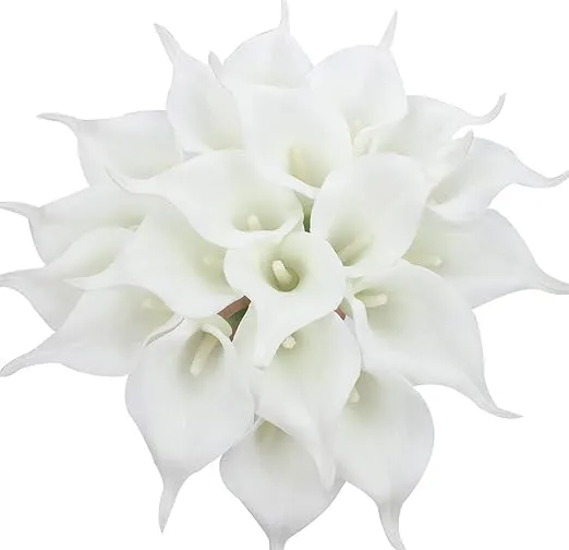 Duovlo 20pcs Calla Lily Bridal Wedding Bouquet Lataex Real Touch Artificial Flower Home Party Decor (Pure White)