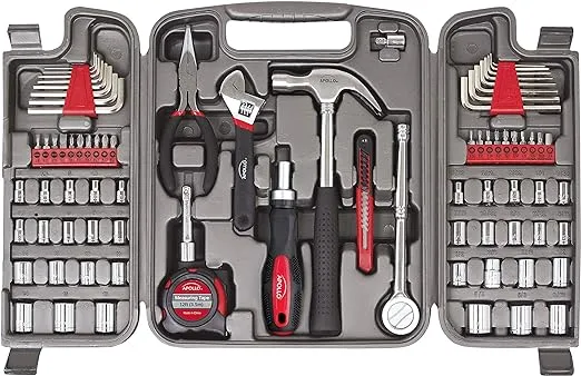 Apollo Tools 79 Piece Multi-Purpose SAE and Metric Tool Set with Sockets for the Garage, Home or on the Road. Includes Essential Tools for Vehicle Maintenance and Repairs - Red- DT9411