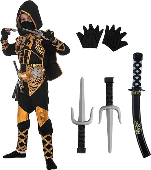 Spooktacular Creations Golden Ninja Deluxe Costume Set with Ninja Foam Accessories Toys for Kids Kung Fu Outfit Halloween Ideas (Large (10-12 yrs))