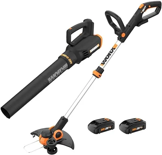 Worx 20V String Trimmer Cordless & Edger 3.0 + Leaf Blower Cordless with Battery and Charger Turbine, Black and Orange