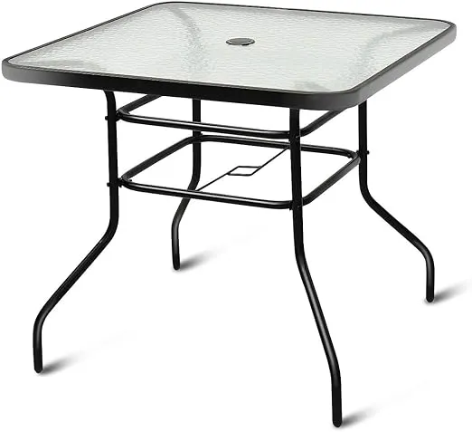 Tangkula Outdoor Dining Table with 2 inches Umbrella Hole, 32 inches Tempered Glass Top Square Patio Table, for Balcony, Backyard, Poolside and Sunroom