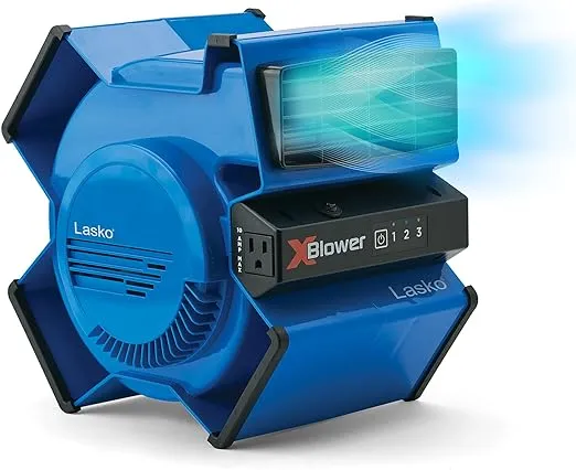 Lasko X-Blower 6 Position High Velocity Pivoting Utility Blower Fan for Cooling, Ventilating, Exhausting and Drying, 3 Speeds, AC Outlet, Circuit Breaker with Reset, USB Port, 11x9x12, Blue, X12905