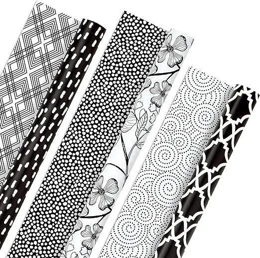 Hallmark Black and White Wrapping Paper Rolls for Graduation, Birthday, Baby Shower, Wedding, All Occasion - Floral, Polka Dots & Geometric Gift Wrap Paper (Set of 3 Reversible Rolls: 75 sq. ft. ttl.)