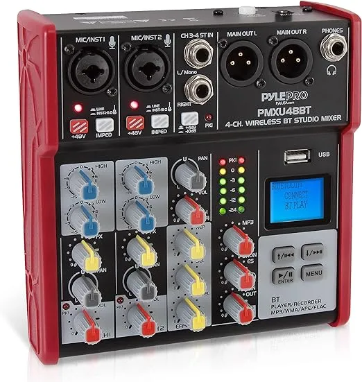 PYLE Studio Audio Sound Mixer Board - 4 Channel Bluetooth Compatible Professional Portable Digital DJ Mixing Console with USB Mixer Audio Interface - Mixing Boards For Studio Recording - PMXU48BT