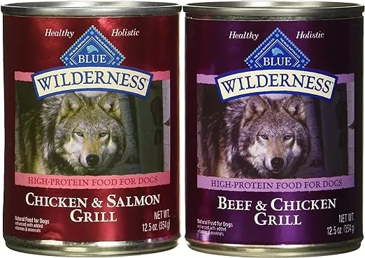 Blue Buffalo Wilderness High Protein Beef and Chicken & Salmon and Chicken Wet Dog Food Variety Pack for Adult Dogs, Grain-Free, 12.5 oz. Cans (6 Pack)