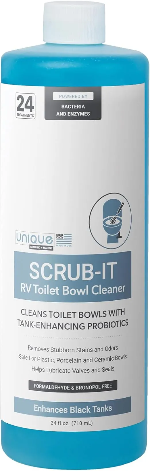 Unique Scrub-It - RV Toilet Bowl Cleaner Liquid - Safe to Use on all RV Toilet Types, Septic Safe, Boosts Enzymatic Environment in Black Tank, Lubricates Seals, Squirt-Top Dispenser (24 Uses, 24 oz.)