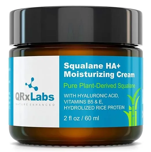 QRxLabs Plant-Based Squalane HA+ Moisturizing Cream with Hyaluronic Acid - Organic ECOCERT Approved USDA Certified Squalane Derived from Sugarcane - Moisturizer for Face, Body & Skin - 2 Fl Oz / 60 ml