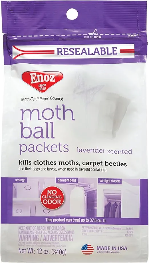 Enoz Lavender Scented Moth Ball Packets, Kills Clothes Moths, Carpet Beetles, Eggs and Larvae, 12 oz Resealable Bag