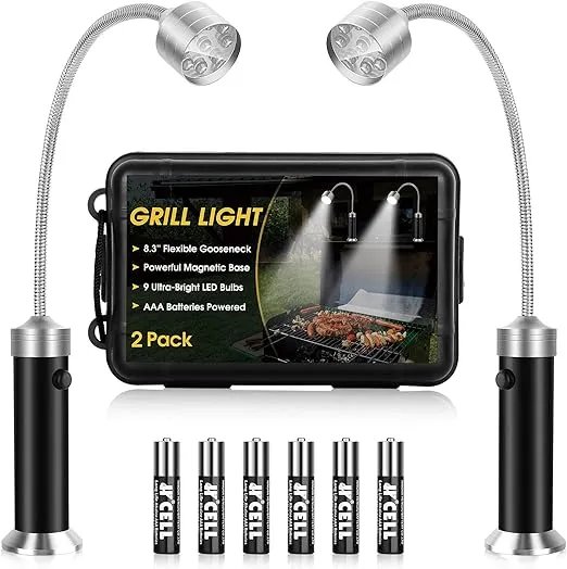 Jasee Barbecue Grill Light, BBQ Grilling Accessories for Outdoor with Magnetic Base, Mens Stocking Stuffers Grilling Gifts, 360 Degree Flexible Neck, Water Heat Resistant, Batteries Included - 2 Pack