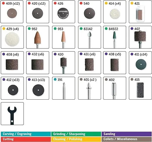 Dremel 709-02 110-Piece All-Purpose Rotary Tool Accessory Kit- Includes a Carving Bit, Sanding Drums, Grinding Stones, Cutting Discs, and a Storage Case, Gray