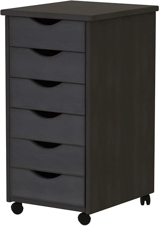 Adeptus Original Roll Cart, Solid Wood, 6 Drawer Narrow Drawers Roll Carts, Black