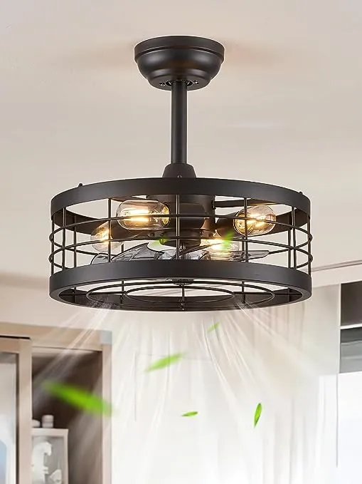 LEDIARY 16.5 inch Black Caged Ceiling Fan With Light, Fandelier Industrial Ceiling Fan With Remote, Farmhouse Fan Lights Ceiling Fixtures For Kitchen, Bedroom, Outdoor(6 Speed, Timing)-Black