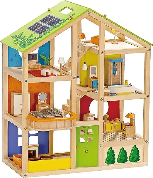 All Seasons Kids Wooden Dollhouse by Hape | Award Winning 3 Story Dolls House Toy with Furniture, Accessories, Movable Stairs and Reversible Season Theme L: 23.6, W: 11.8, H: 28.9 inch