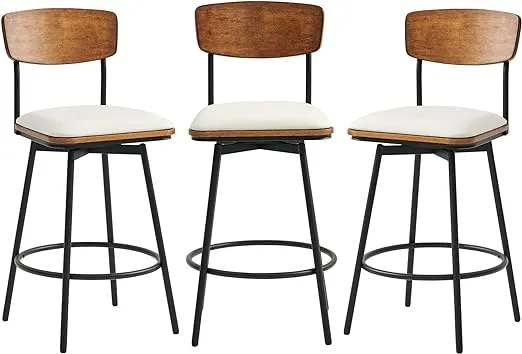 CHITA Swivel Counter Height Bar Stools with Back, Fabric Upholstered Barstools Set of 3, 27" Seat Height, Metal & Wood Frame, Cream