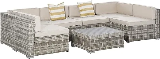 Outsunny 7-Piece Patio Furniture Set, Outdoor Wicker Conversation Set, All Weather PE Rattan Sectional Sofa Set with Cushions and Faux Wood Table, Stripe Pillows, Beige
