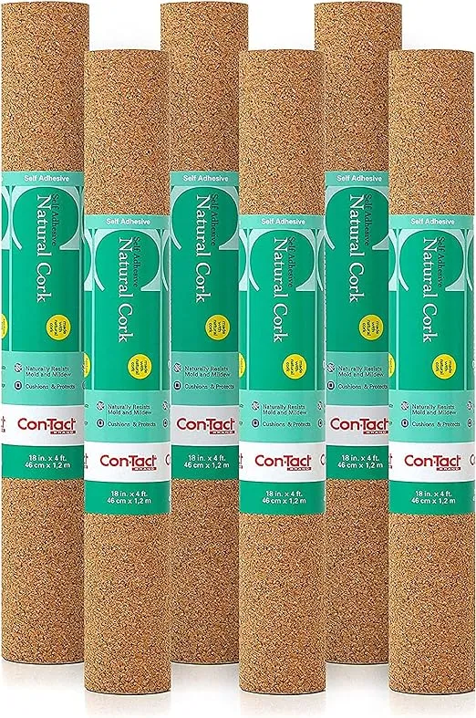 Con-Tact Brand Cork Roll, Self-Adhesive Cork Roll, Multi-Purpose Cork Shelf Liner, 18" x 4', Brown, Pack of 6