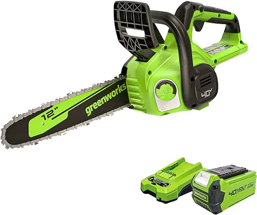 Greenworks 40V 12" Cordless Compact Chainsaw (Great For Storm Clean-Up, Pruning, and Camping), 2.0Ah Battery and Charger Included