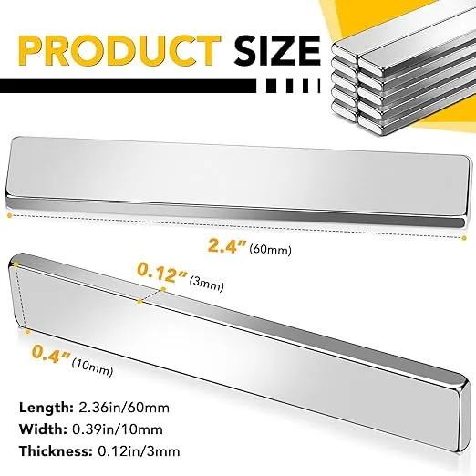 DIYMAG Powerful Neodymium Bar Magnets,Heavy Duty Magnets with Double-Sided Adhesive,Rare Earth Magnet Perfect for Fridge,DIY,Garage,Kitchen, Science,Craft,Office-60x10x3mm,10 Pack