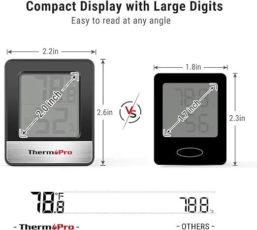 ThermoPro TP49 2 Pieces Digital Hygrometer Indoor Thermometer Humidity Meter Mini Hygrometer Thermometer with Temperature and Humidity Monitor Room Thermometer Black