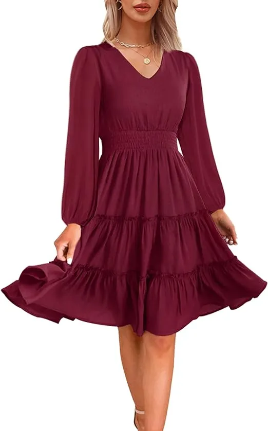 Zattcas Women 2024 Long Sleeve Fall Dress V Neck Smocked Waist Casual Flowy A Line Tiered Work Midi Dresses