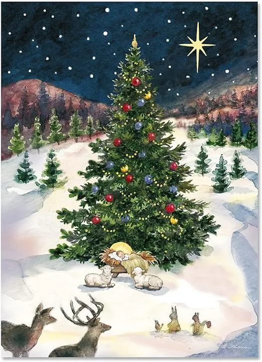 Current Christmas Tree and Manger Greeting Cards Set - Set of 18 Large 5 x 7-Inch Folded Cards, Themed Religious Holiday Card Value Pack, Envelopes Included