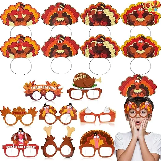 JOYIN Thanksgiving Turkey Headbands and Glasses Frame (16 Packs), Holiday Headbands and Glasses Frame for Thanksgiving Party Favors Accessories(One Size Fits All)