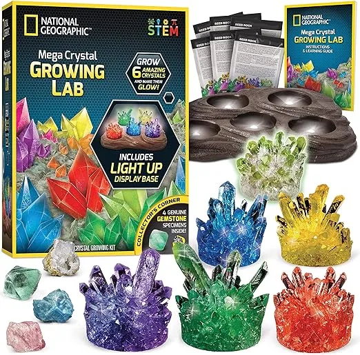 NATIONAL GEOGRAPHIC Mega Crystal Growing Kit - Grow 6 Crystals with Light-Up Stand, Science Gifts for Kids 8-12