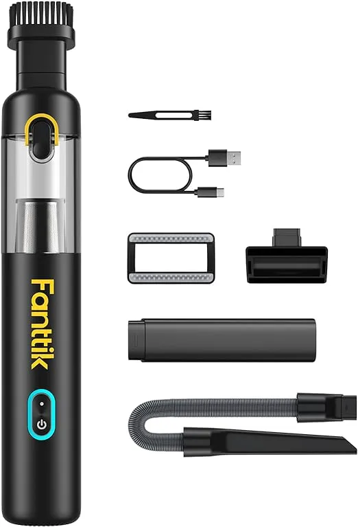 Fanttik Slim V8 Mate Cordless Car Vacuum Suction Power 12000Pa, Portable Mini Vacuum with Flexible Hose and Pet Brush, Type-C Charge, Portable Vacuum for Car, Office Desk, Keyboards, Black