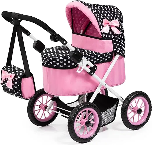 Bayer Design Dolls: Trendy Pram - Hearts Black & Pink - Includes Matching Shoulder Bag, for Dolls Up to 18", Foldable, Kids Pretend Play Toy, Ages 3+