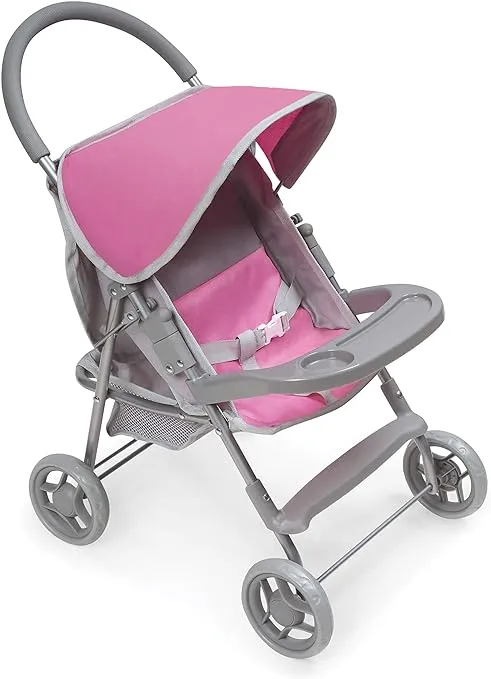Badger Basket Deluxe Glide Folding Single Doll Stroller for 18-Inch Dolls in Gray and Pink – Ideal for Playtime Adventures