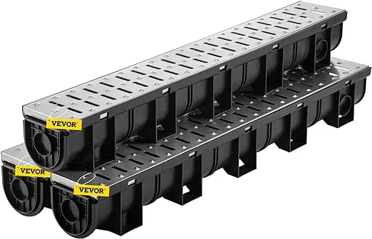 VEVOR Trench Drain System, Channel Drain with Metal Grate, 5.9x5.1-Inch HDPE Drainage for Garage Floors, Black Plastic Trench with End Caps, 3x39 Grate - 3 Pack