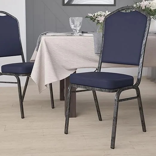 EMMA + OLIVER Crown Back Stacking Banquet Chair, Navy Vinyl/Silver Vein Frame