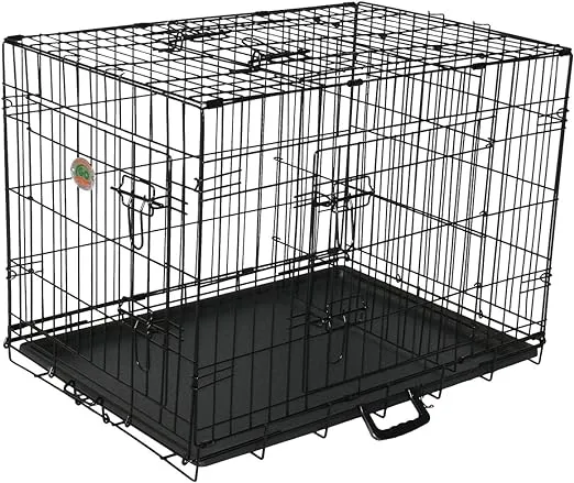 Go Pet Club 36-Inch Three Door Folding Metal Wired Cage Crate Dog Kennels Outdoor and Indoor Pet with Divider Panel, Removable Tray and Handle, Black