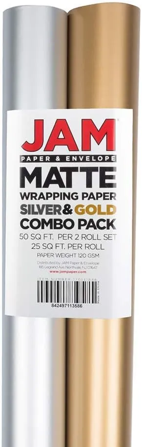 JAM Paper Assorted Gift Wrap - Matte Wrapping Paper - 50 Sq Ft Total - Matte Gold & Silver Foil Combo Set - 2 Rolls/Pack