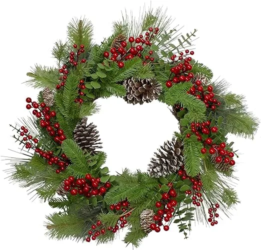 Northlight Holly Berries and Snowy Pinecones Artificial Christmas Wreath - 24" - Unlit