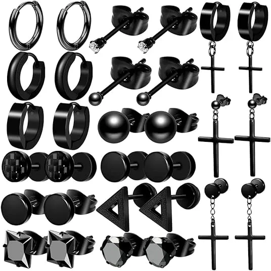 ONESING 12/18 Pcs Mens Earrings Black Earrings for Men Stainless Steel Earrings Piercing Jewelry Stud Hoop Punk Earrings Set